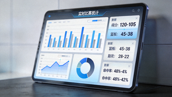 体育数据分析界面，屏幕上显示比赛统计图表与数据面板