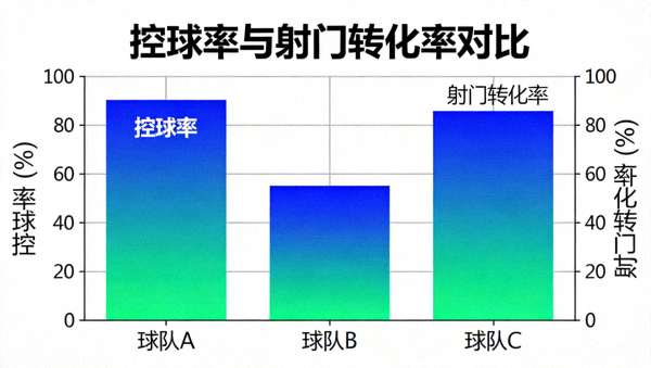 体育数据分析界面，展示控球率与射门转化率的对比图表